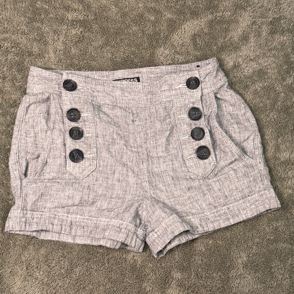 Express Linen Blend Button-Front Shorts Gray Textured | Size Small | High Rise - Picture 1 of 5
